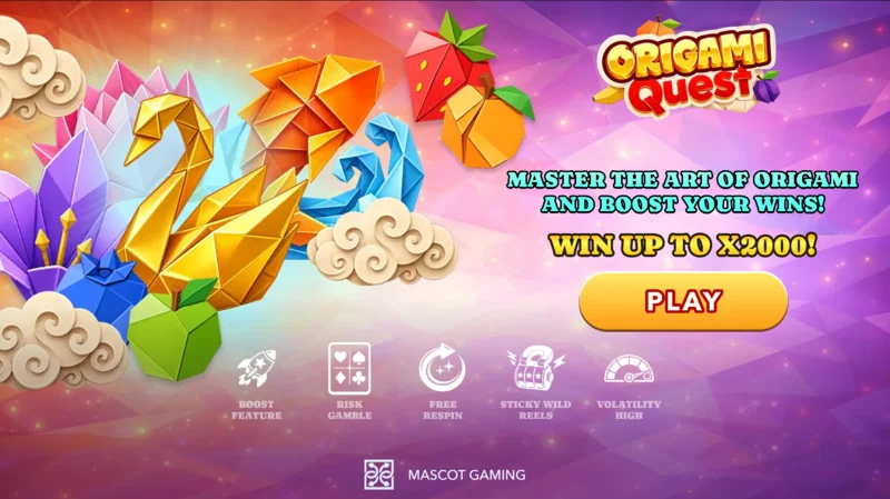 Origami Quest — galvenais ekrāns ar ruļļiem un origami simboliem