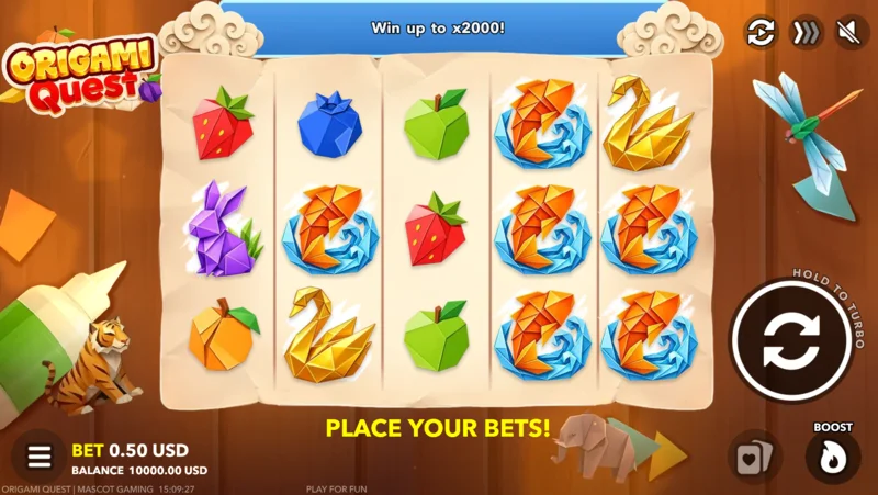 Origami Quest — spēles ekrāns ar likmju paneli un pogu Boost